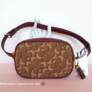 COACH 1941 Small BELT Bag in Signature Jacquard and Smooth Leather- Tan Scarlet